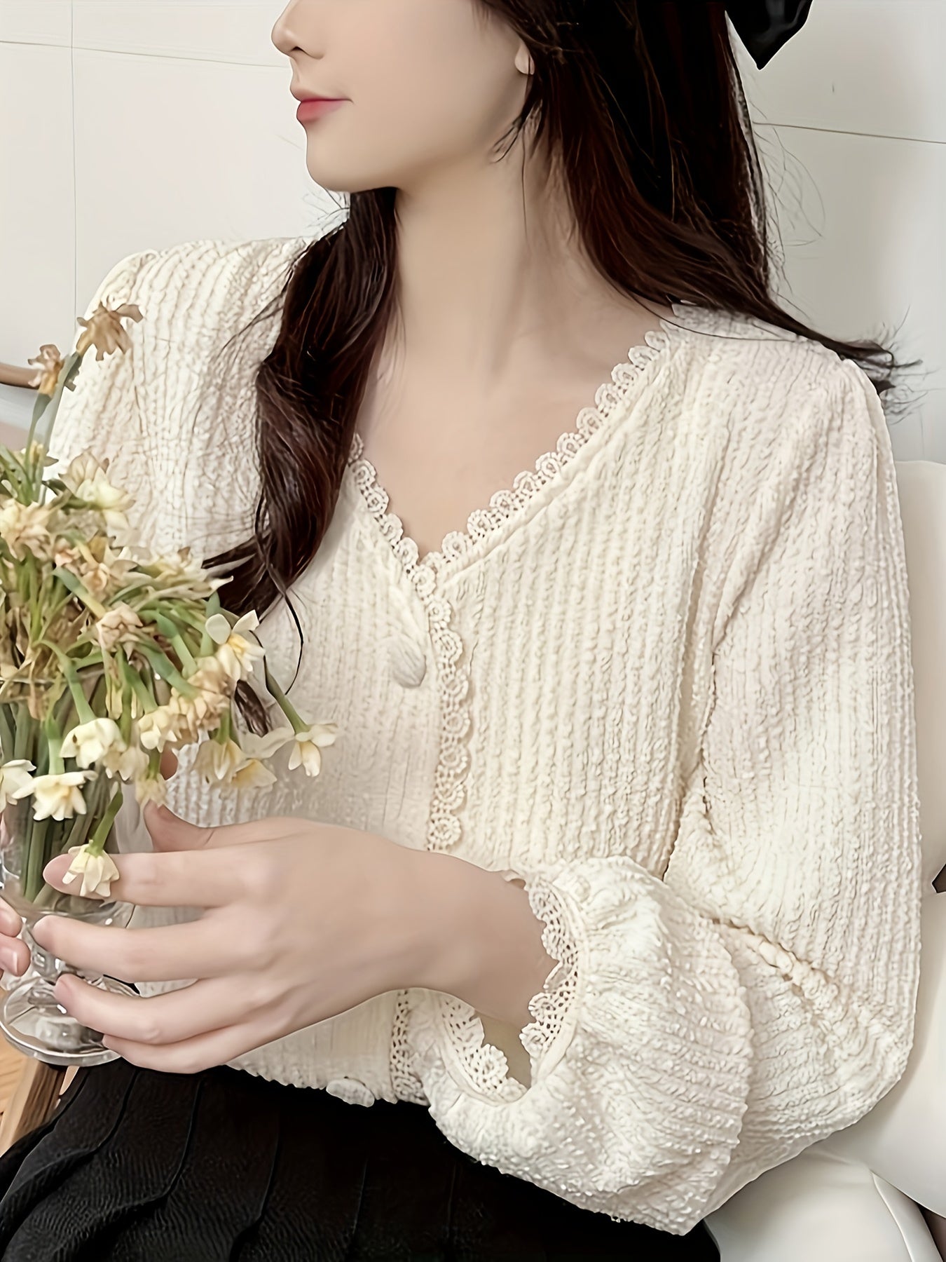 Women's Long Sleeve Blouse with Ruffle Neckline and Stripes for Fall