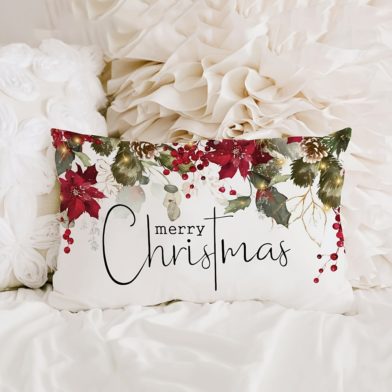 Merry Christmas Pillow Cover Farmhouse Decor Woven Polyester Festive Cushion