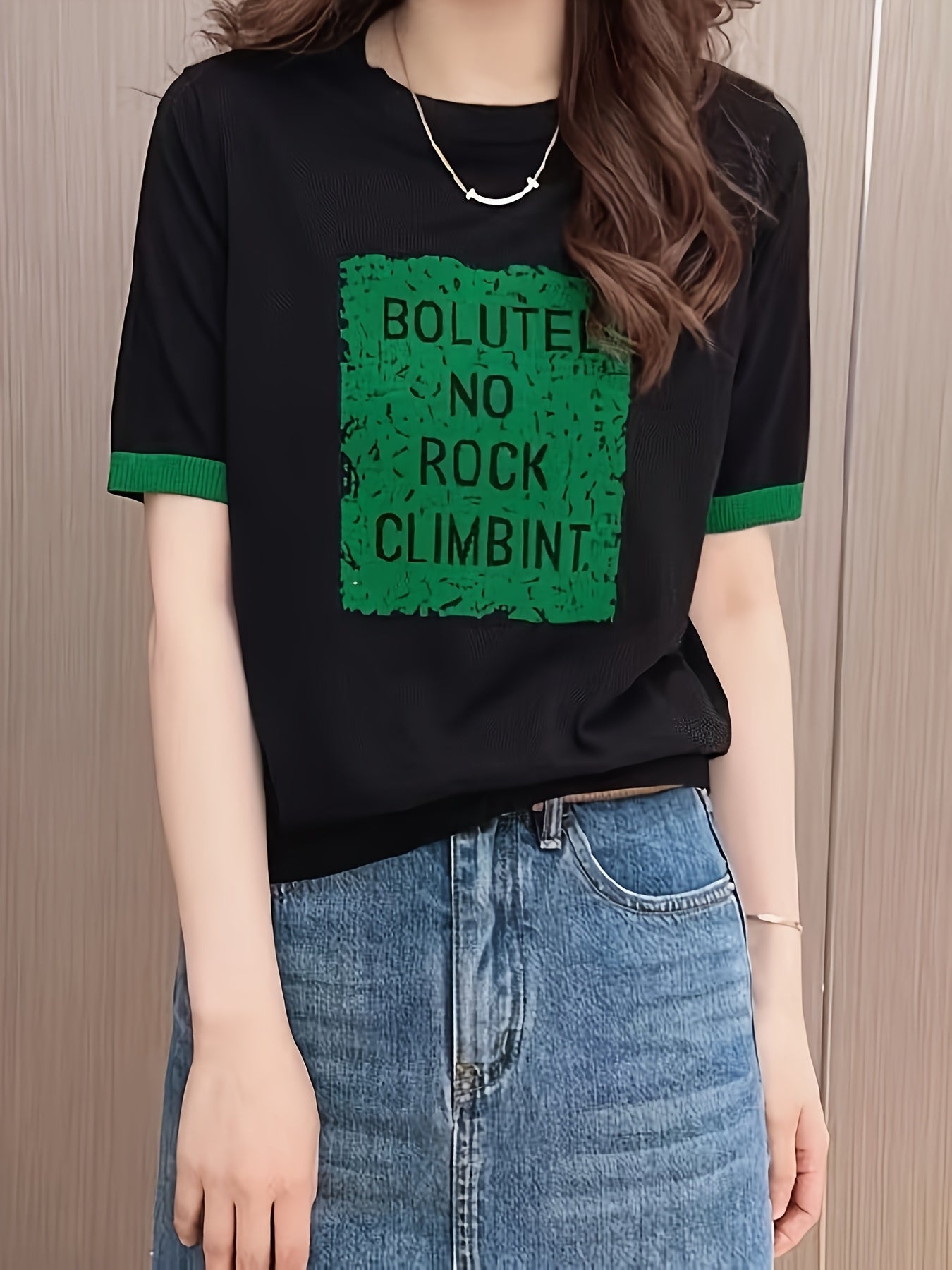 Plus Size Women's Summer Casual Short Sleeve Top Black Green Lettering Breathable Stretchy
