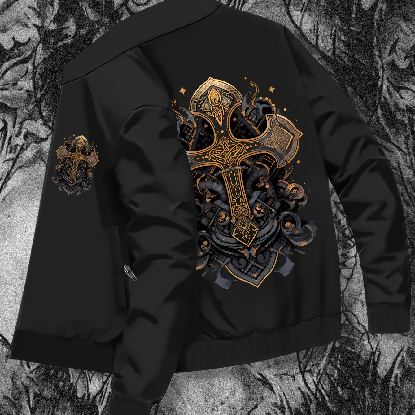 Мужская куртка с графическим принтом, воротником-бантом и молнией для полных мужчин на весну и осень