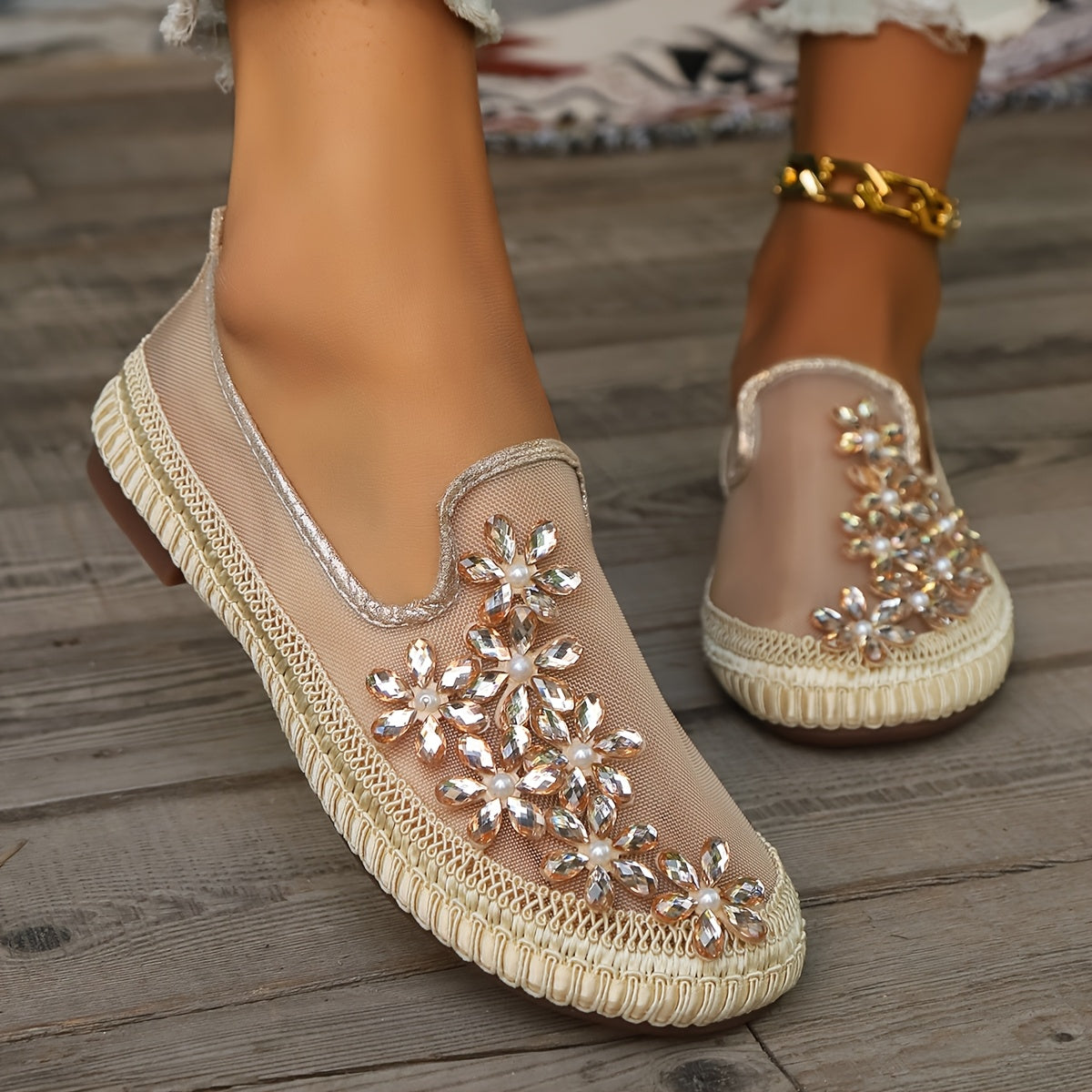 Women’s Mesh Flat Sandals with Rhinestone Flower Design Summer Casual Shoes