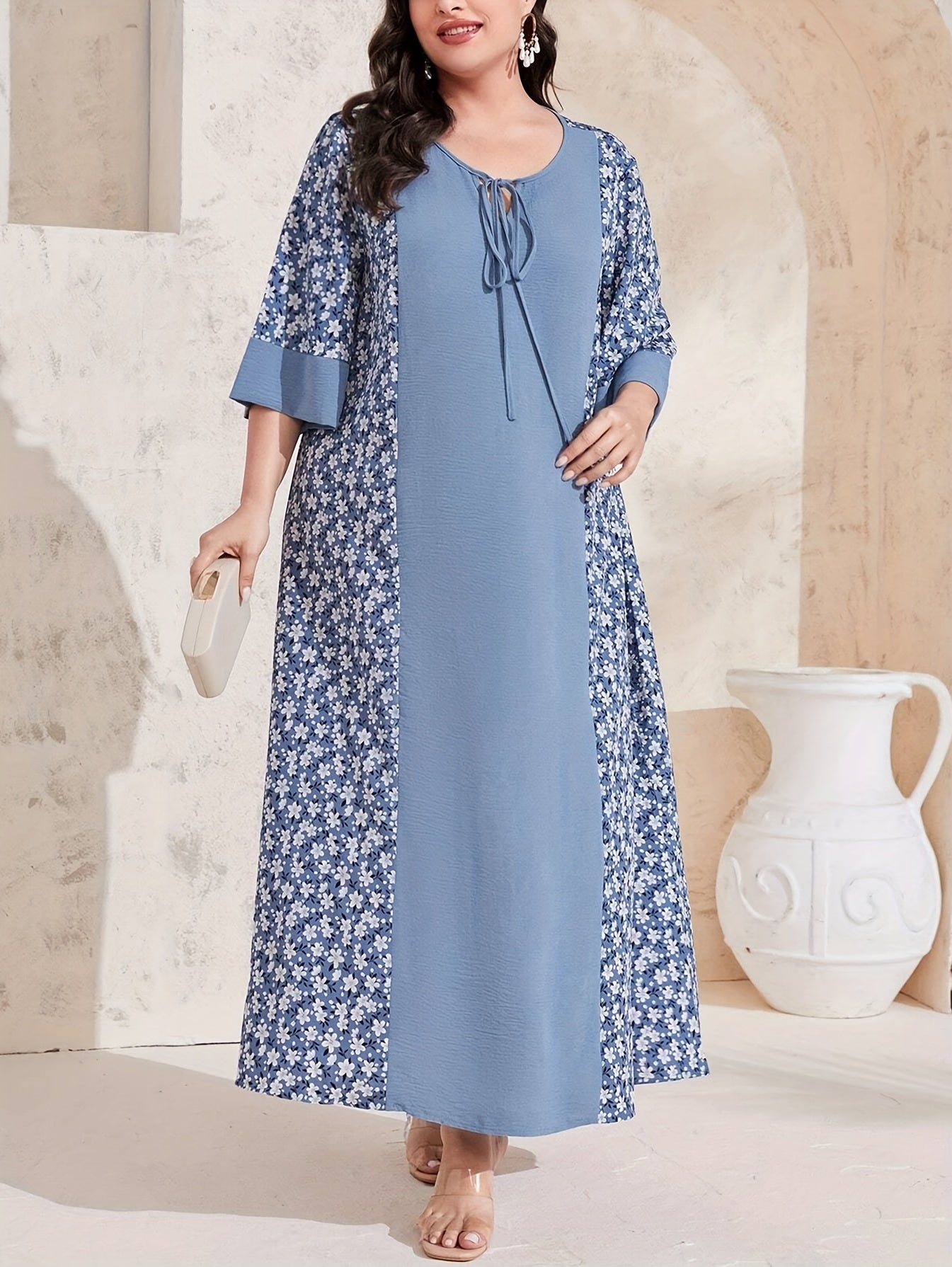 Plus Size Floral Print Tie Front Maxi Dress for Spring and Summer