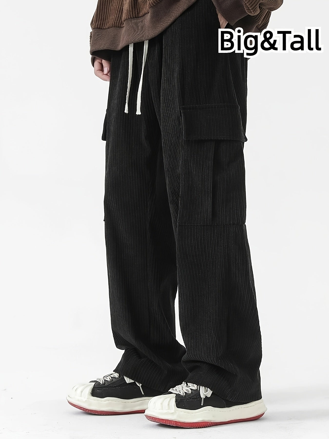 Pantalones cargo de pana gris claro para hombre con múltiples bolsillos y cintura con cordón para otoño e invierno, grandes y altos