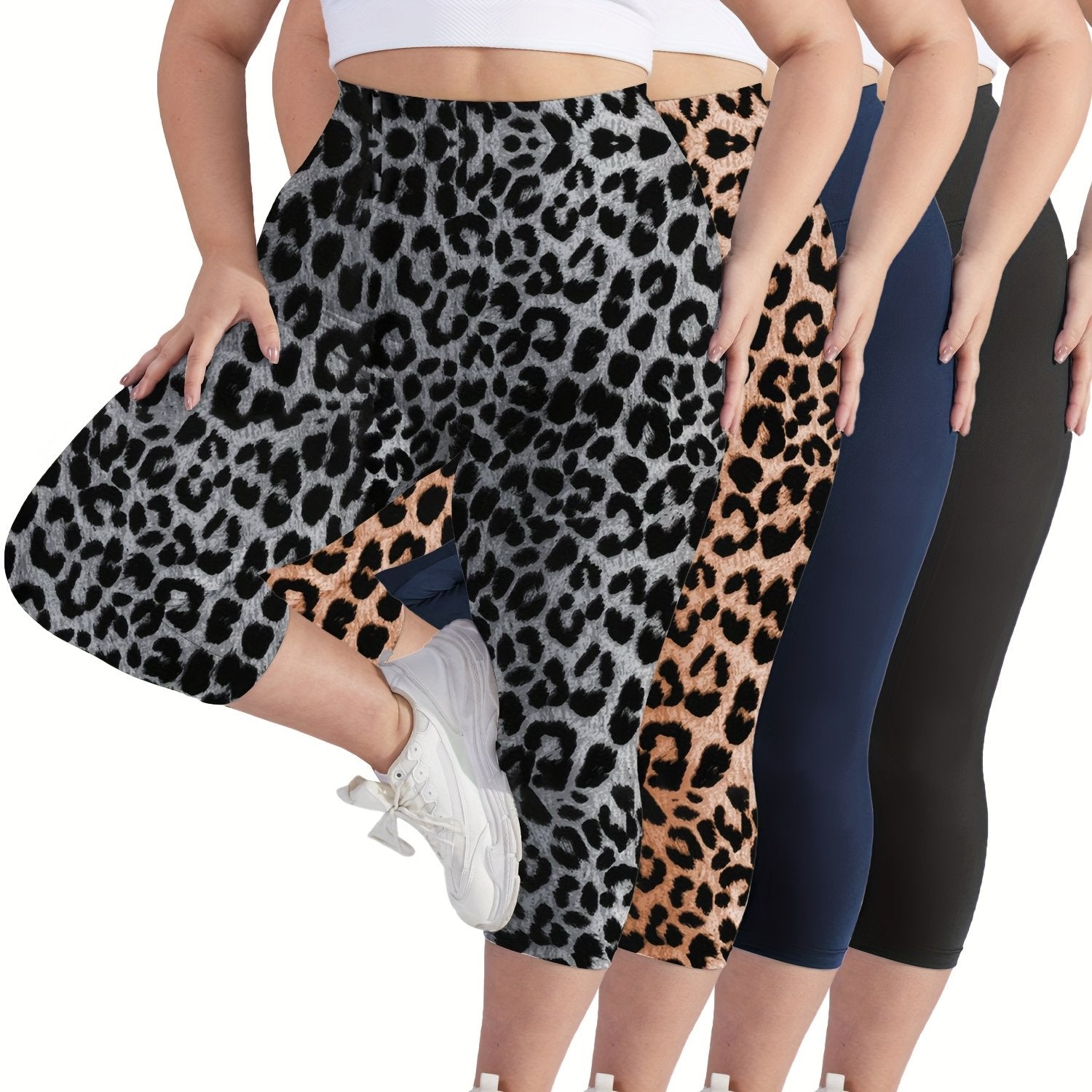 Women's Cropped Pants Black High Waist Tummy Control Skinny Leggings 4 Pack