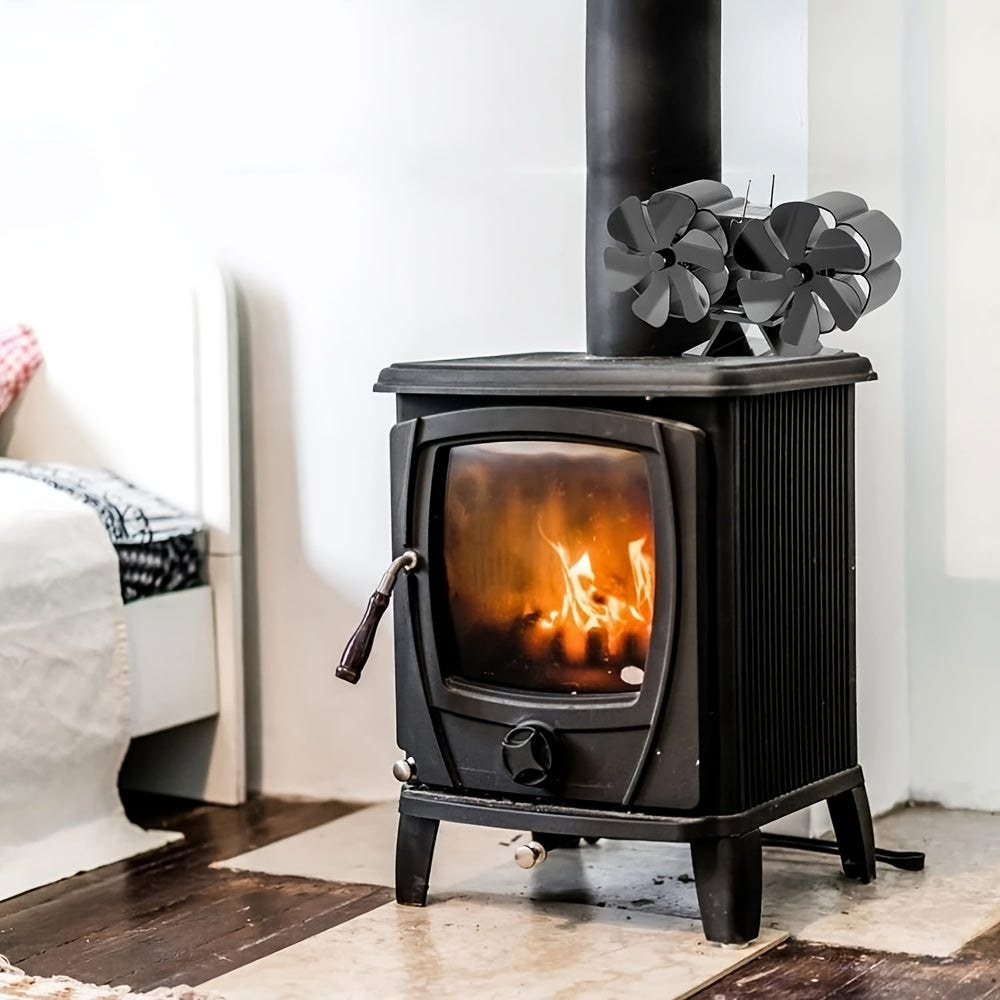 12-Blade Metal Fireplace Fan Dual Heads Portable Air Circulation No Electricity