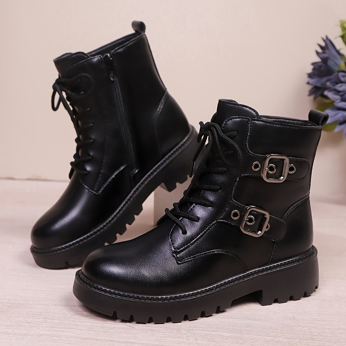 Women's Black Leather Ankle Boots with Side Zipper and Slip-Resistant Sole