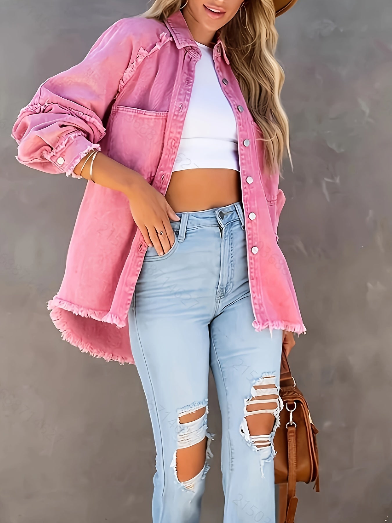 Plus Size Women's Denim Jacket Orange Oversized Frayed Hem Ripped Details Fall Winter