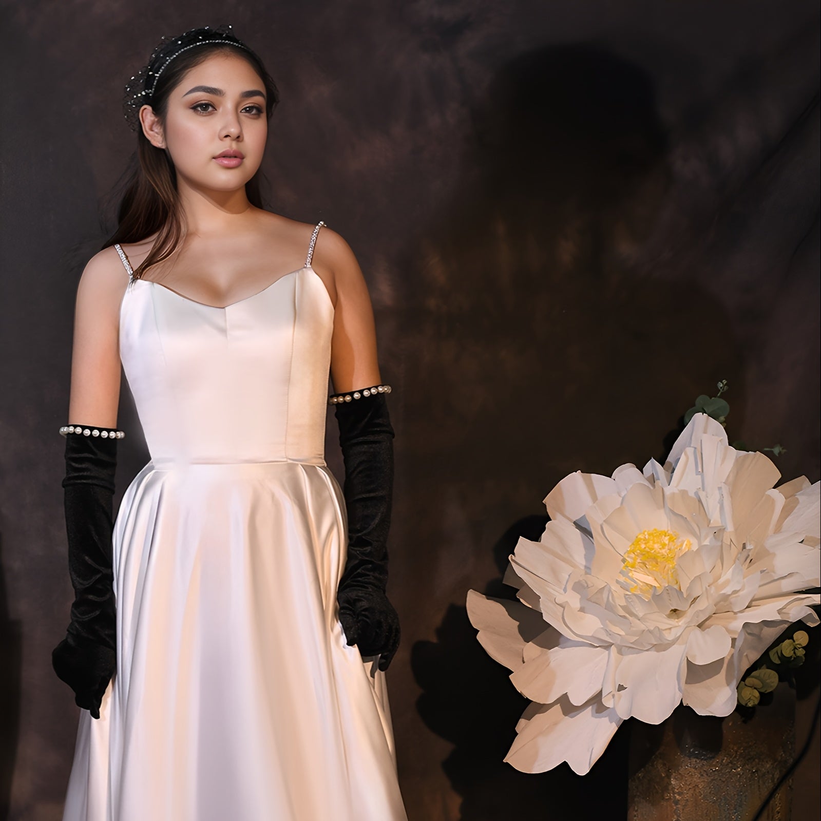 Black Long Fingerless Bridal Gloves with Pearl and Floral Embellishments for Weddings