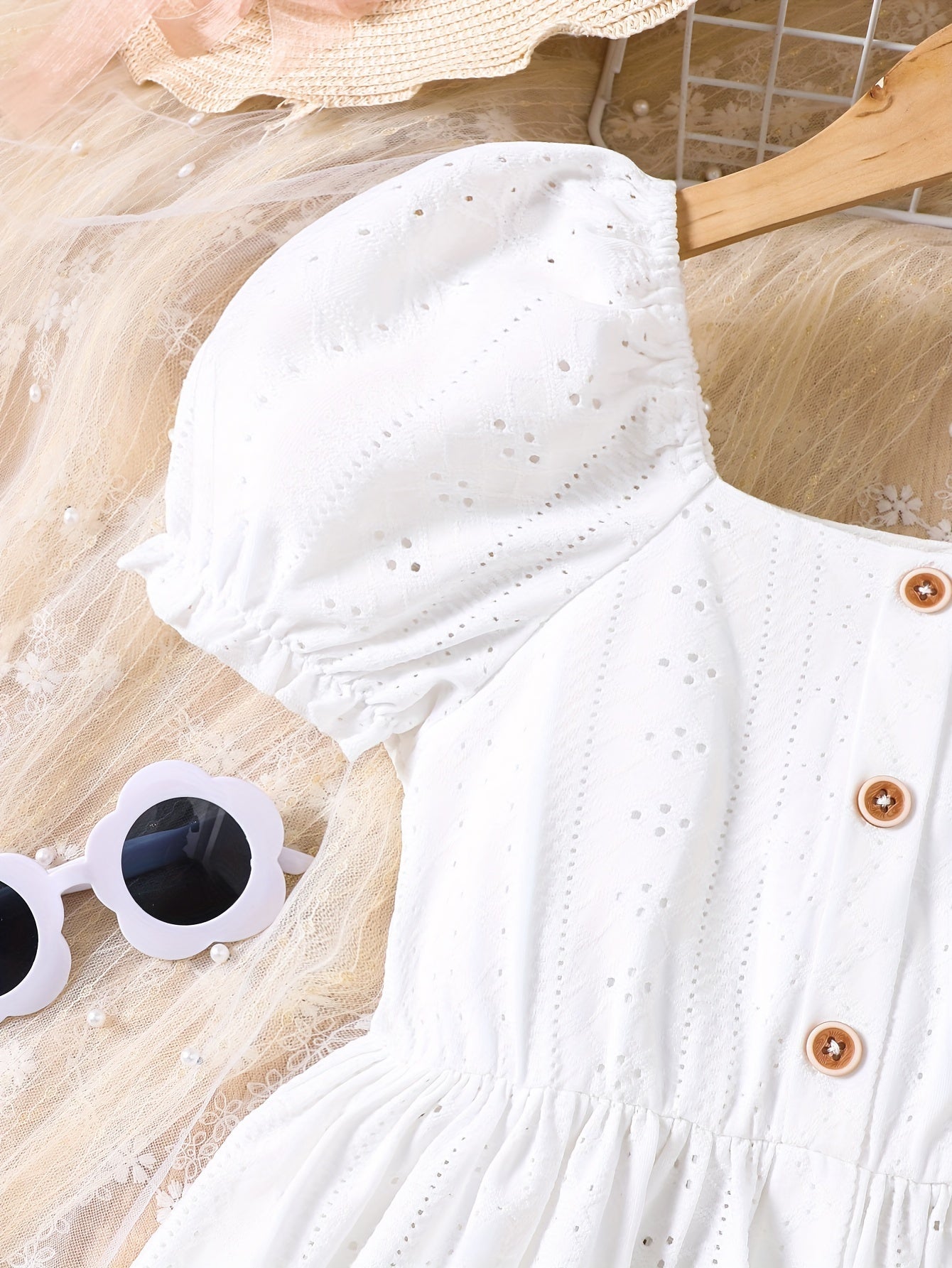 Girls Summer Dress with Eyelet Jacquard Puff Sleeves Ruffle Hem White Knit Fabric