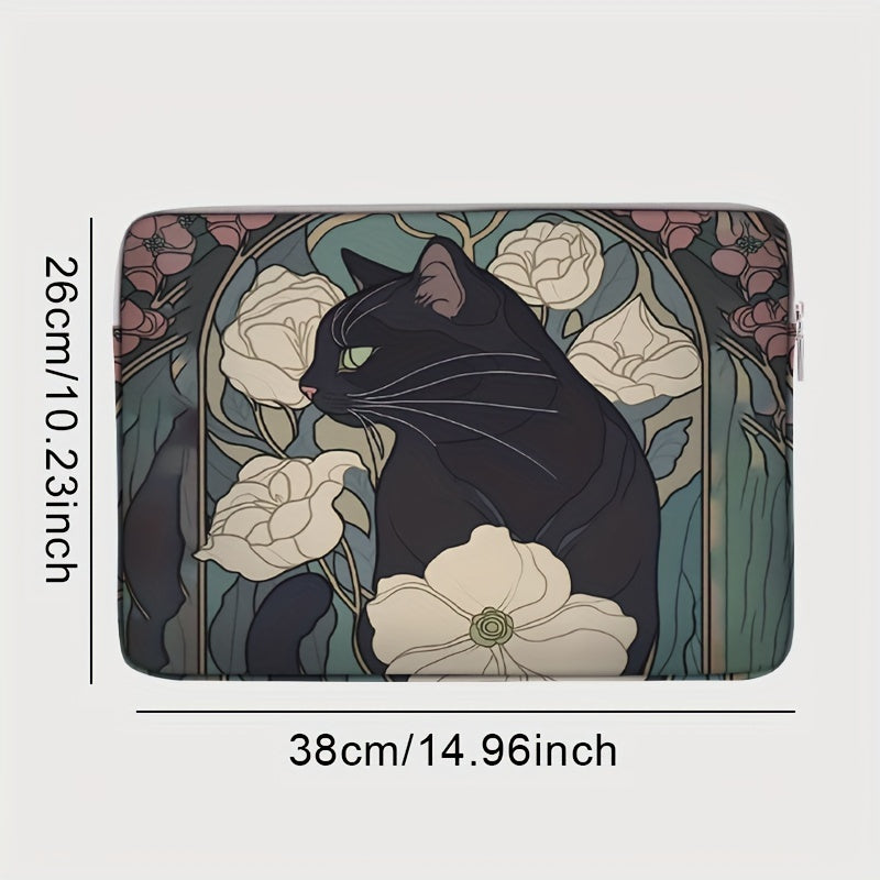 Black Cat and Peonies Laptop Sleeve 38cm Zip Closure Printed Polyester Office College Daily Commute