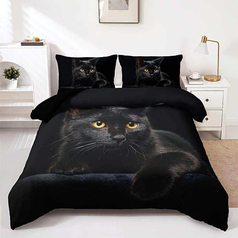 Black Cat Quilt Cover Set 3 Piece Digital Print Polyester Breathable Bedding