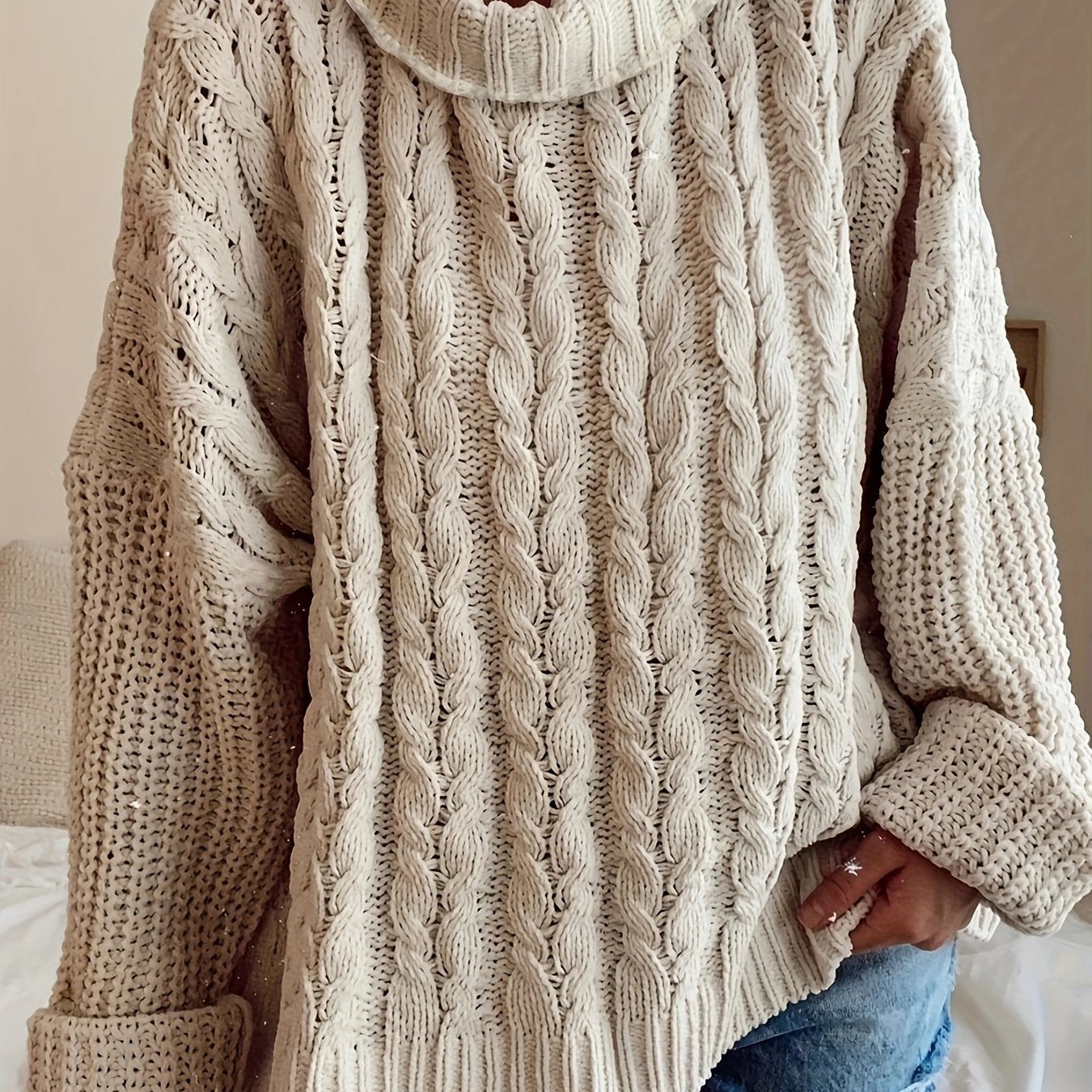 Suéter de cuello alto de talla grande para mujer, suéter de punto suave, de manga larga, pulóver oversized