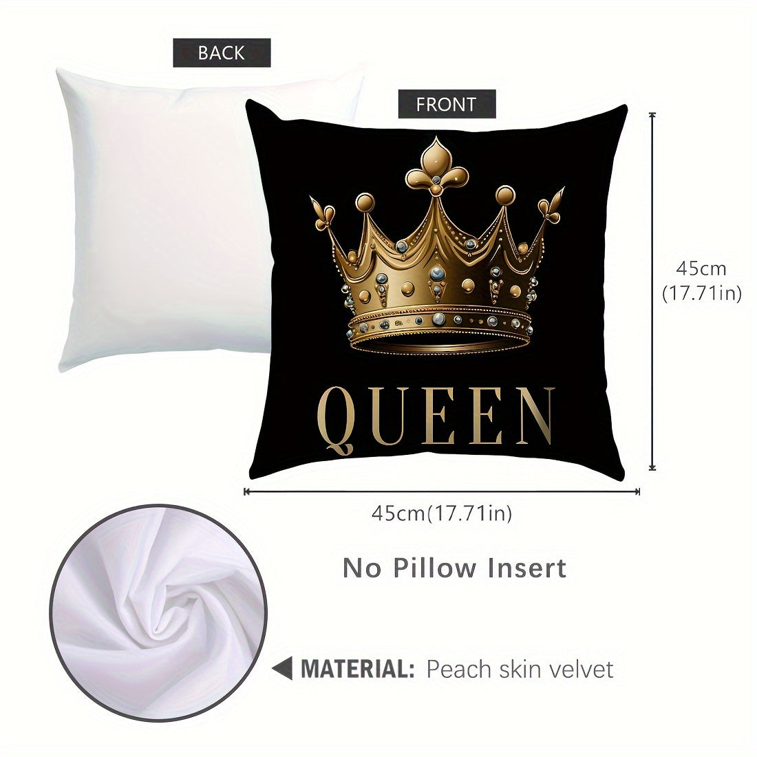 Set of 1 or 2 Peach Skin Pillowcases 45x45cm with Black Background Golden Crown Design for Sofa Bed Bedroom Decor