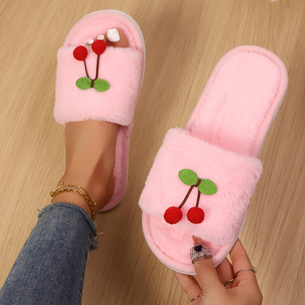 Women's Cherry Slip-On Indoor Slippers Soft Sole Lightweight Comfortable