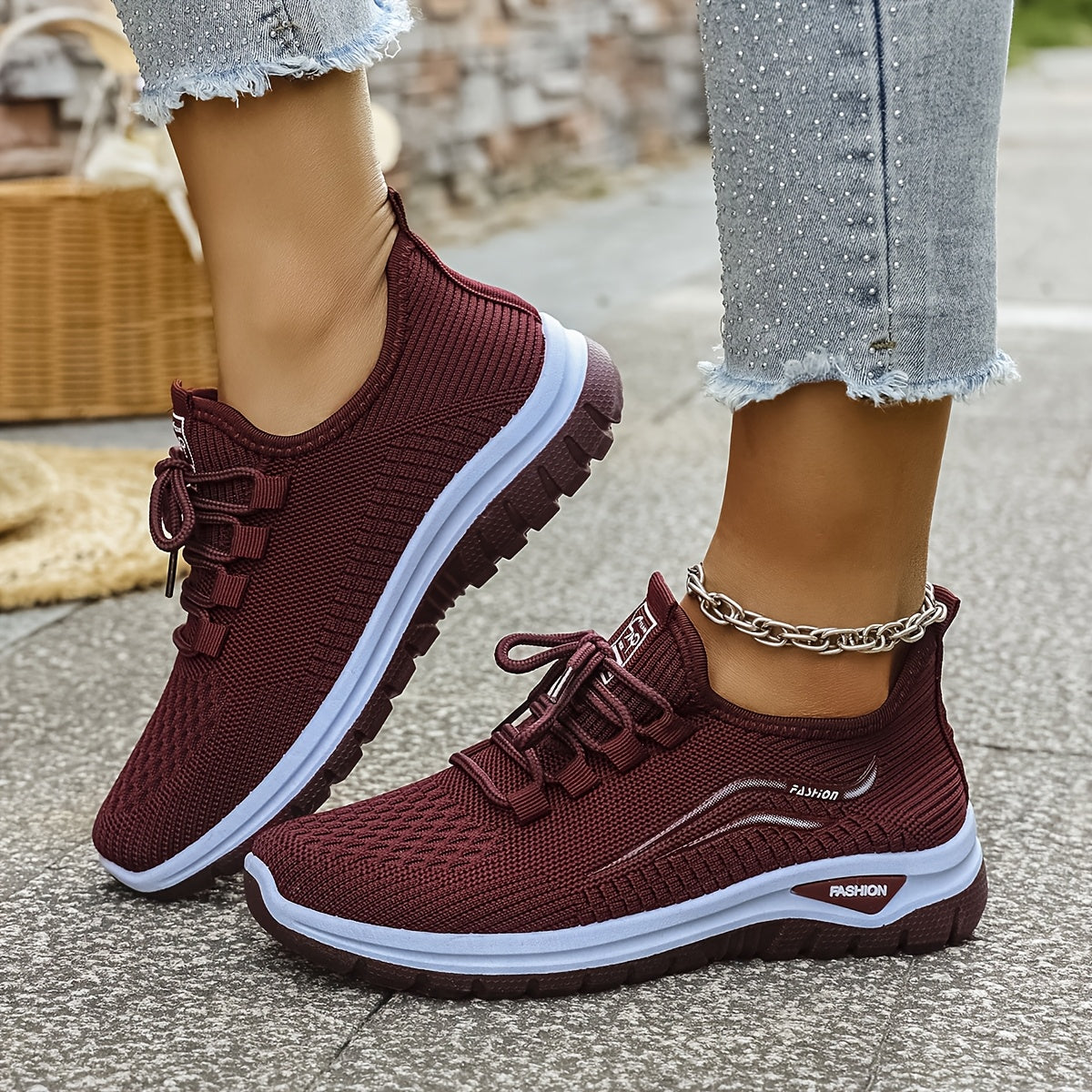 Women's Casual Knit Running Shoes with Lace-Up Patterned Design