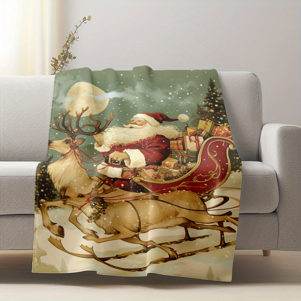 Christmas Santa Claus Flannel Throw Blanket Soft Knitted Polyester Warm Cozy for Home Office Travel