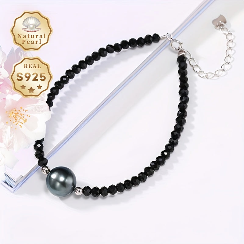 Bilagingizni ajoyib MUFAN Elegant Vintage Style Sea Gemstone Bilaguzuk bilan bezang, unda 9-10mm Yuqori Porloq Dumaloq Qora Tahitian To'pi mavjud. 925 Sterling Silver Beadlar bilan tayyorlangan, bu bilaguzuk iyun tug'ilgan tosh bilan bezatilgan va keladi