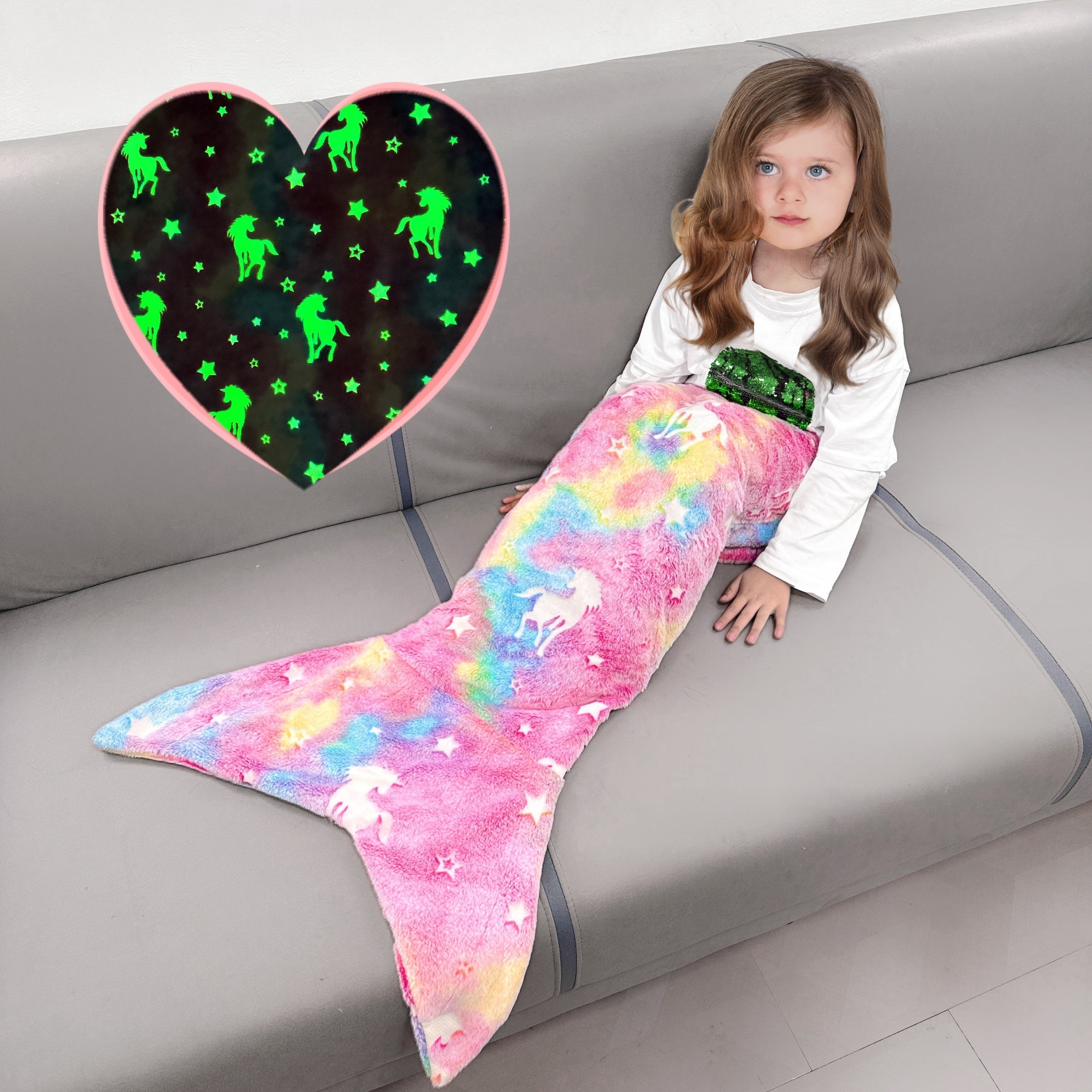 Glow-in-the-Dark Flannel Mermaid Tail Blanket for Girls Teens Adults Plush Cozy Sleepwear