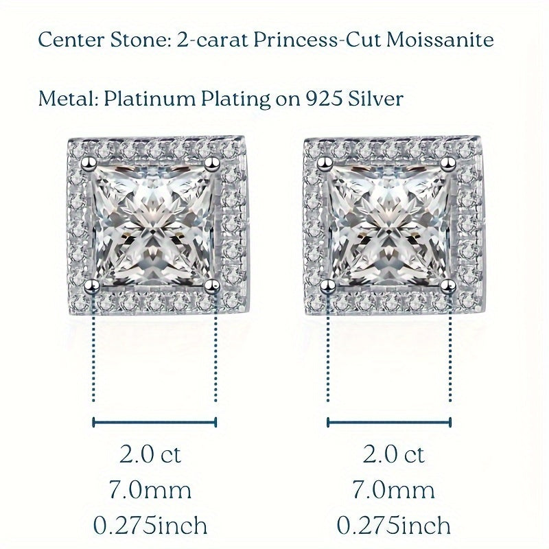 Sterling Silver Square Moissanite Stud Earrings Hypoallergenic Gift for Women