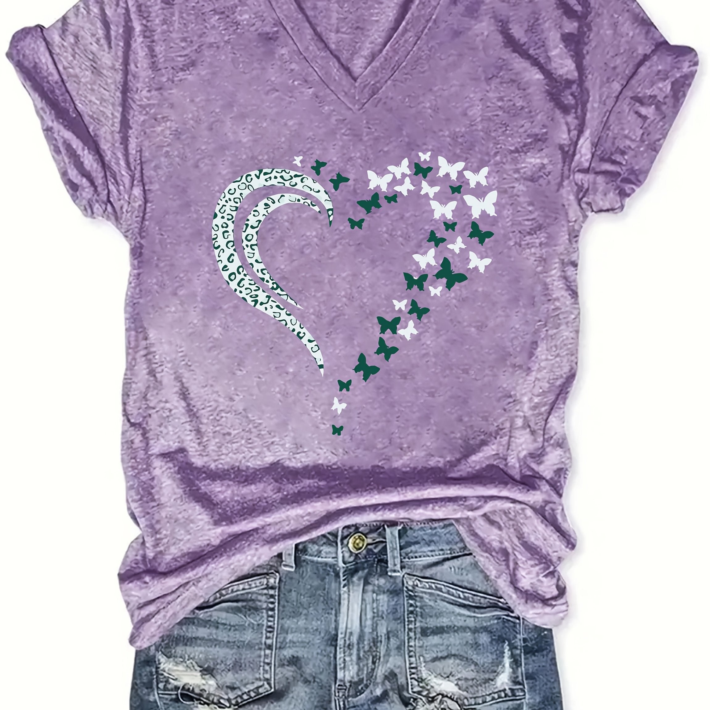 Women's V-Neck Short Sleeve T-Shirt Teal Polyester Blend Casual Summer Top