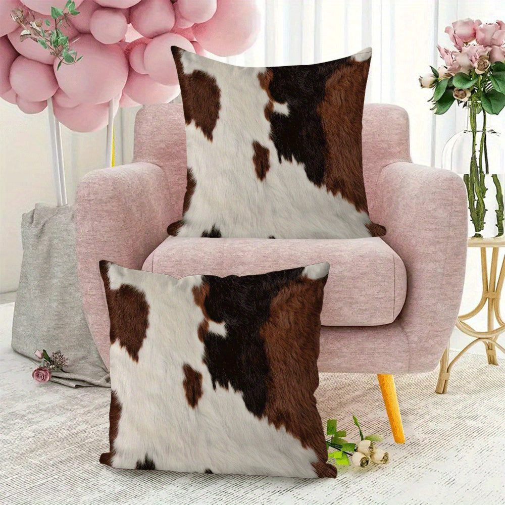 Set of 2 Farmhouse Cowhide Print Pillow Covers 45.72x45.72 cm Flannel Zipper Closure