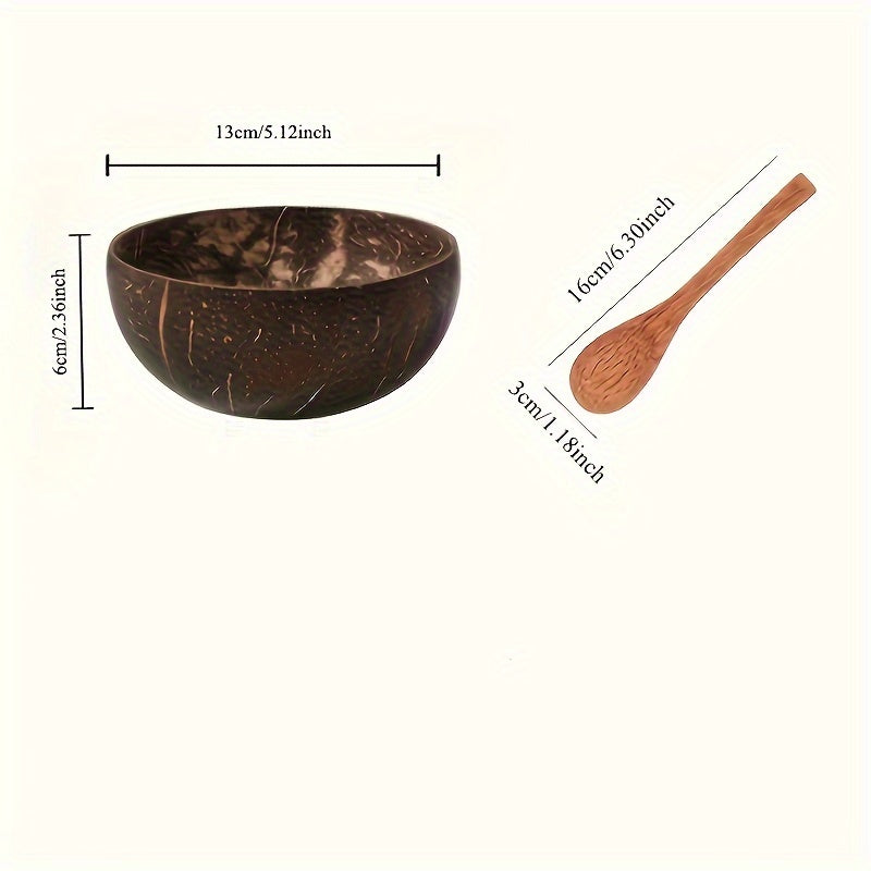 Set of 2 Coconut Shell Salad Bowls with Wooden Spoons for Fruits and Grains