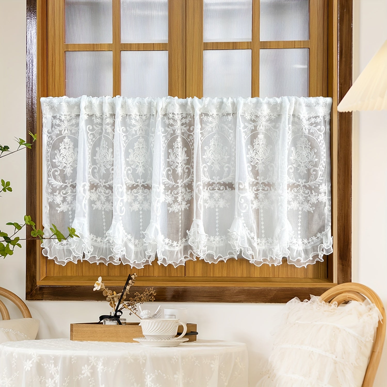 French Double Beaded Ruffled Lace Short Curtain Valance for Kitchen Window