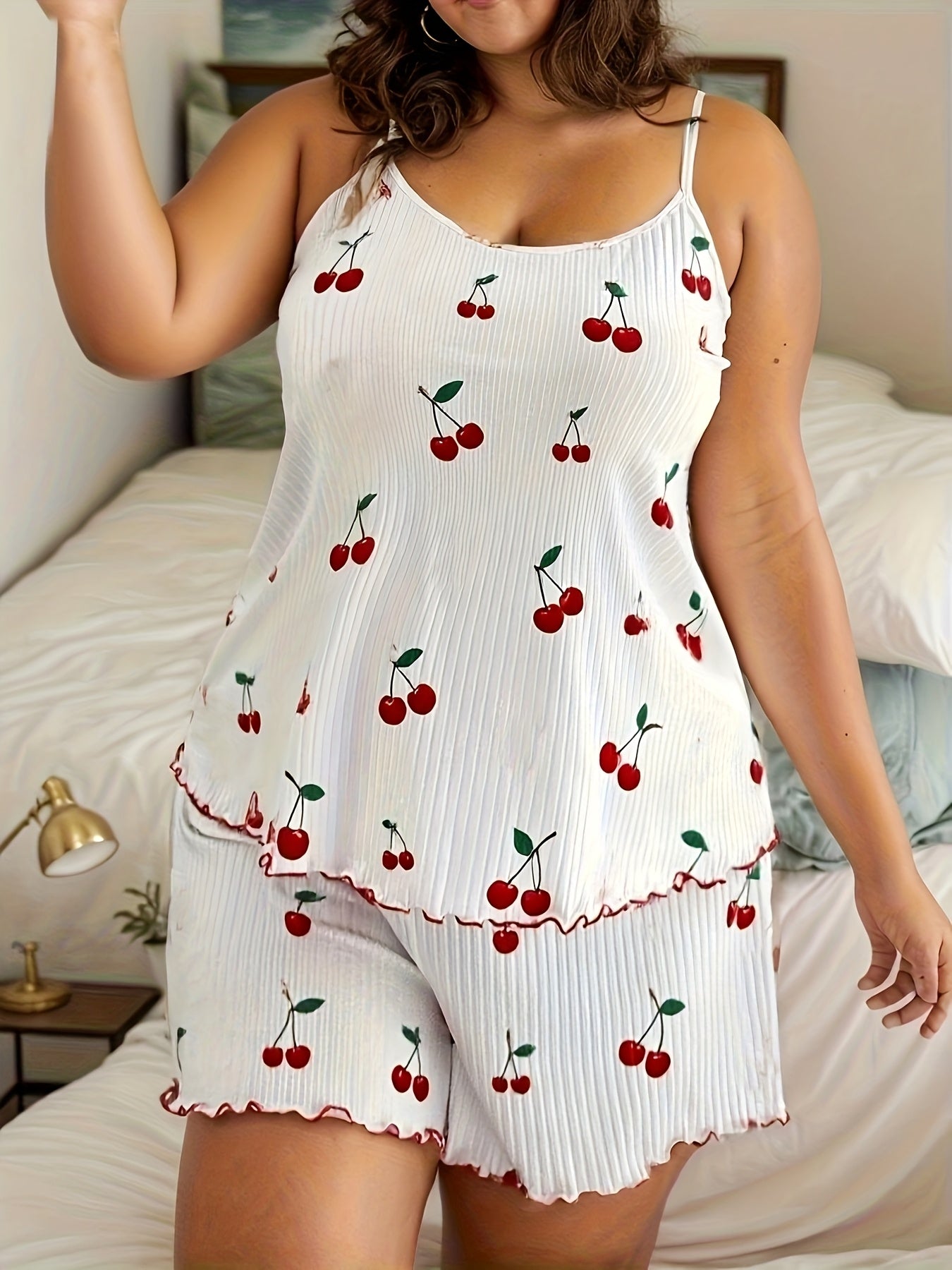 Plus Size Women's Strawberry Print Ribbed Spaghetti Strap Shorts Set Casual Loungewear