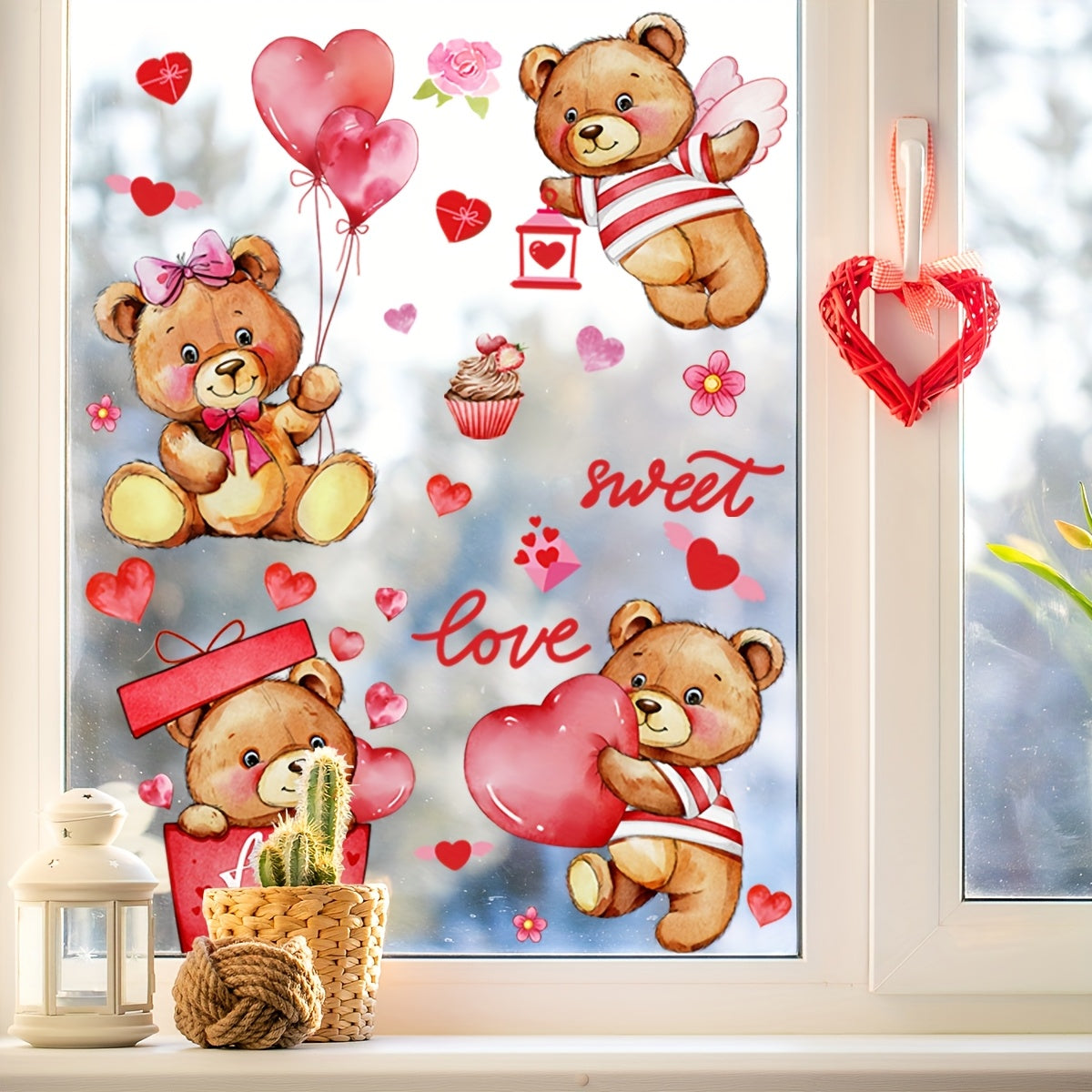 Valentine's Day Teddy Bear Heart Balloons Window Stickers 2 Sheets Reusable PVC