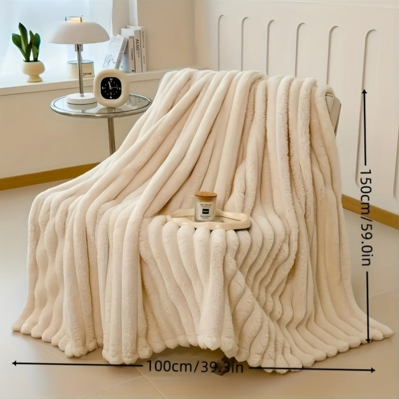 Imitation Rabbit Fur Shawl Blanket Soft Knit All-Season Versatile Striped Design
