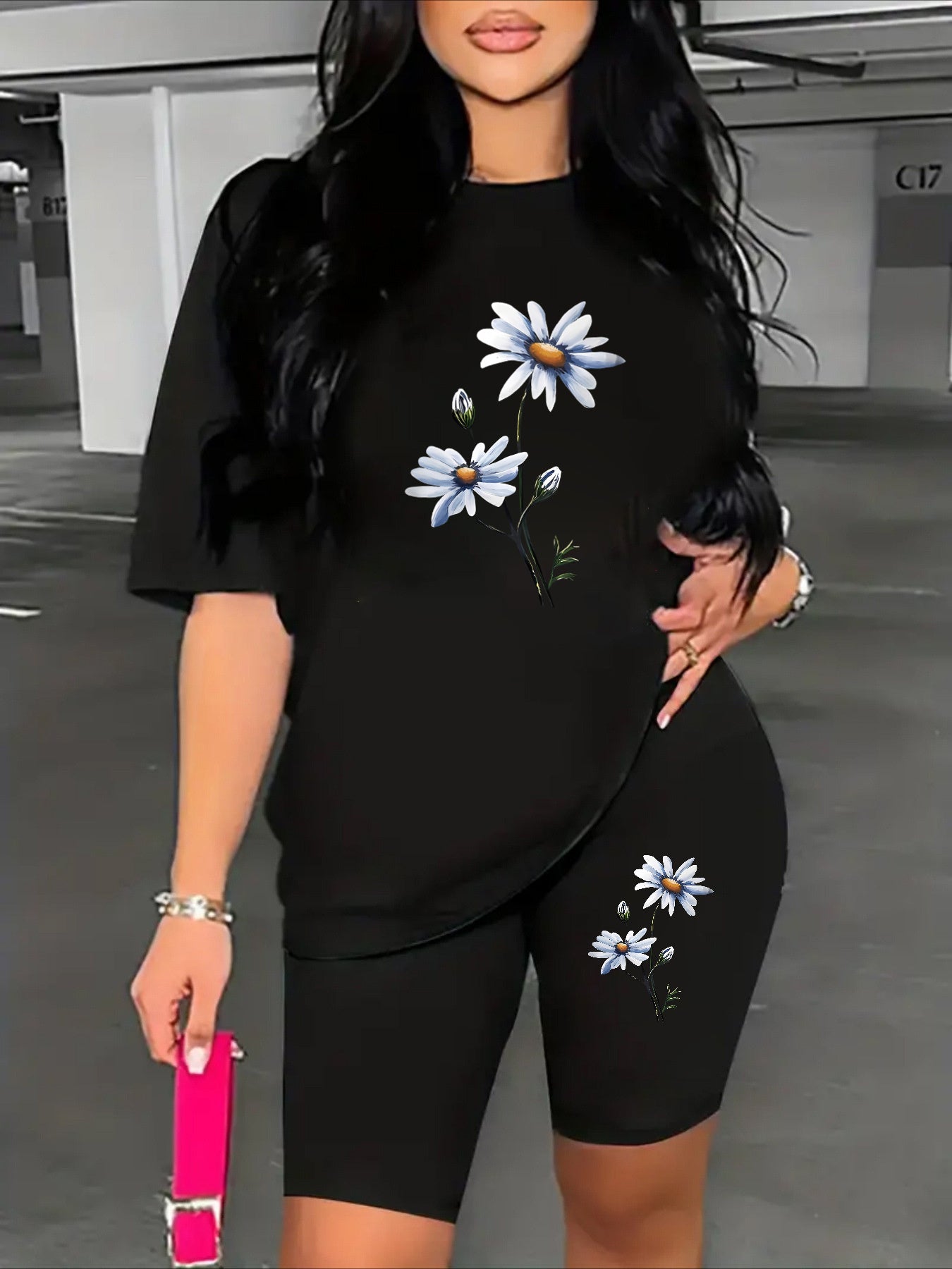 Women Plus Size Sportswear Set Short Sleeve Top and Shorts Stretchy Fabric