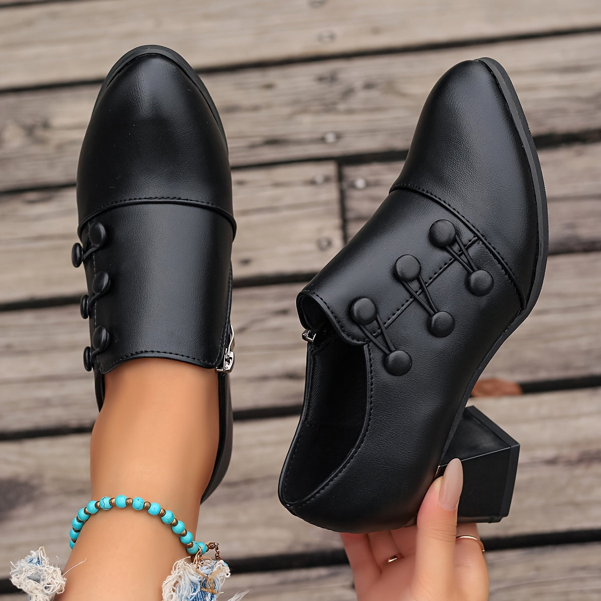 Women's Solid Color Block Heel Pumps with Side Zipper and Slip-On Design