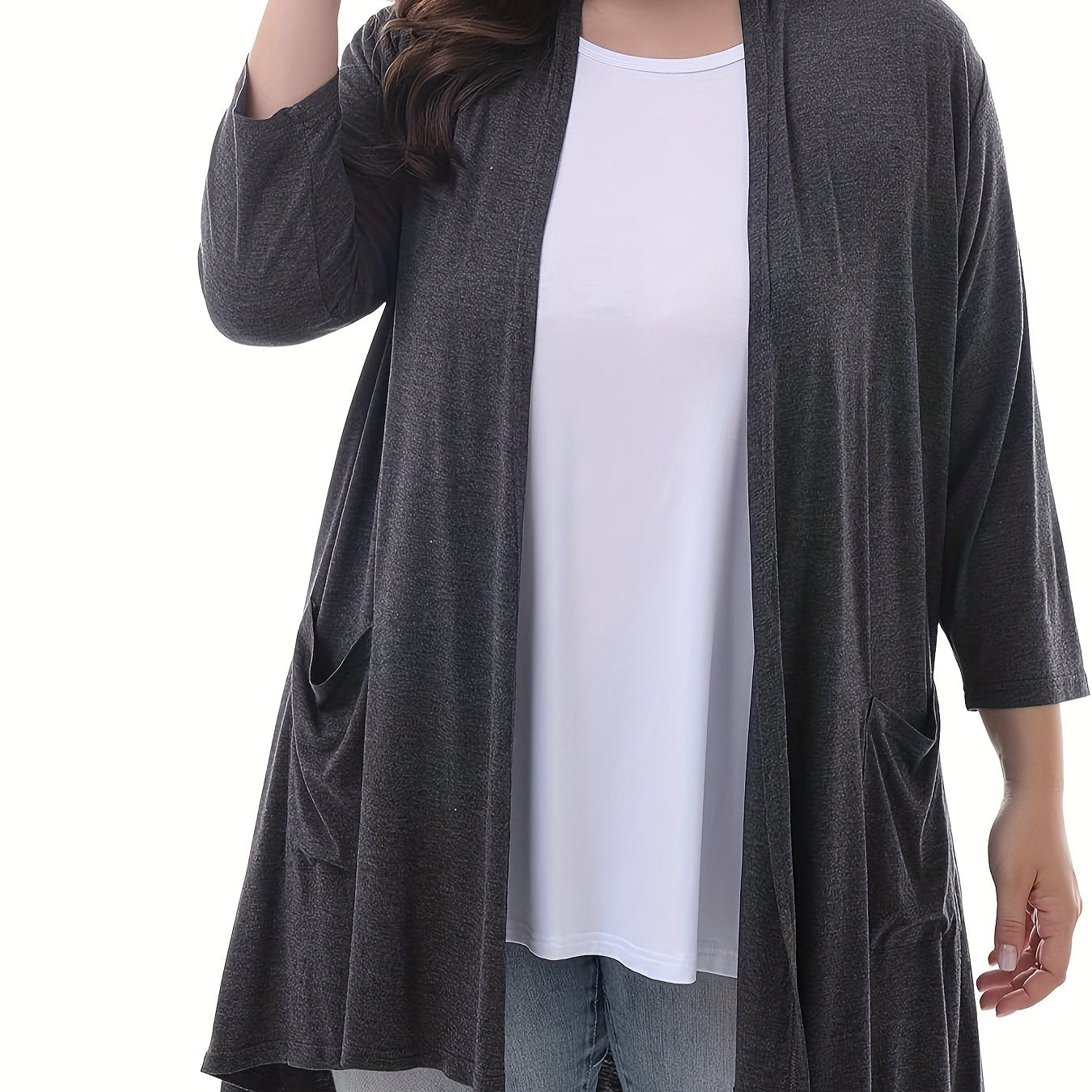 Plus Size Women's Open Front Cardigans Long Sleeve Solid Color Spring Fall
