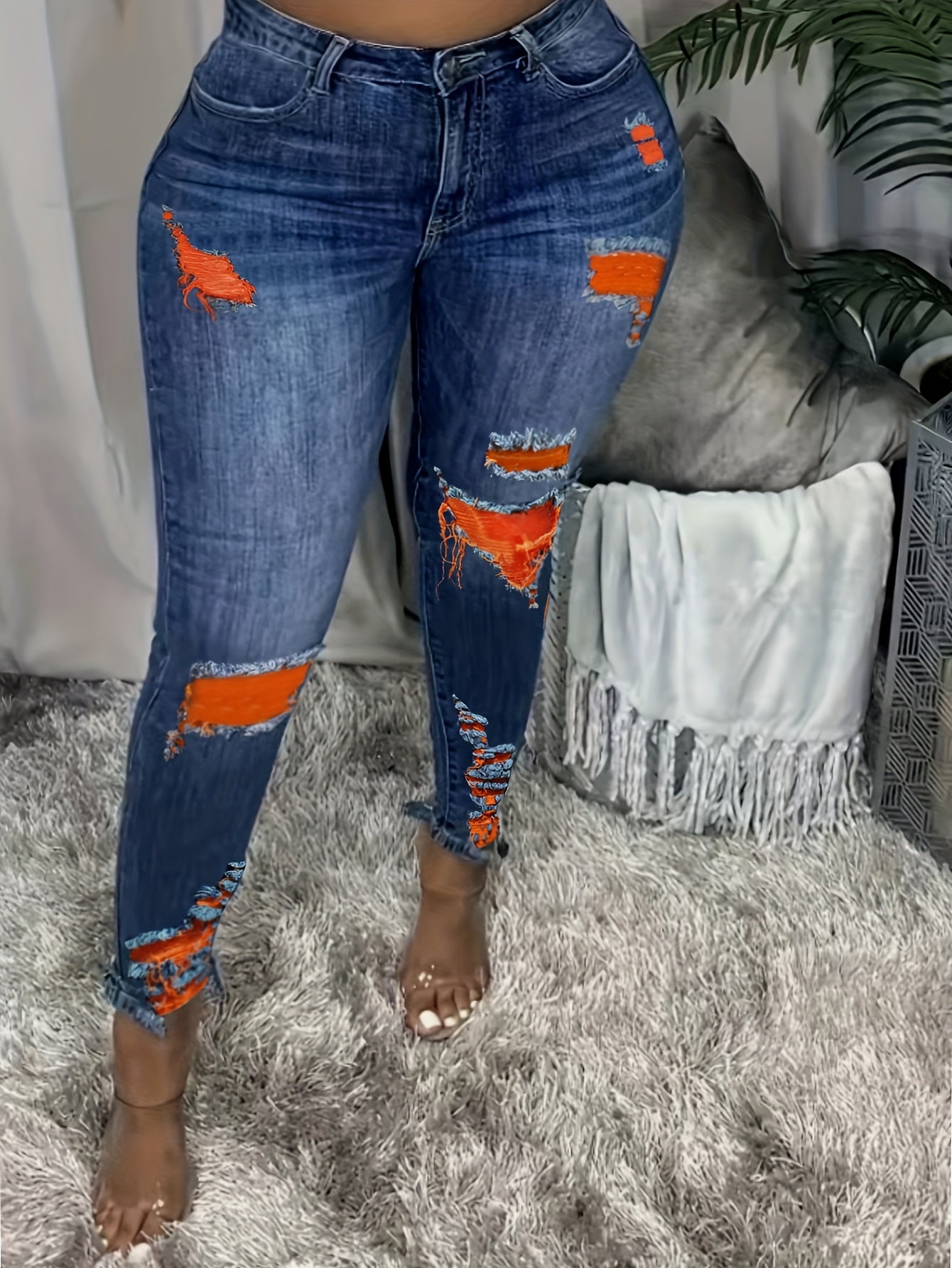 Women High Stretch Casual Jeans Large Size Colorful Ripped Holes