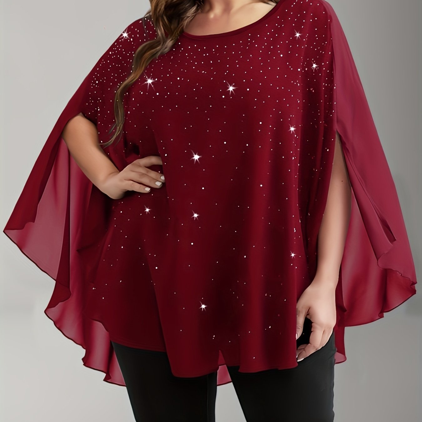Plus Size Chiffon Blouse with Sequins and Ruffle Sleeves for Women