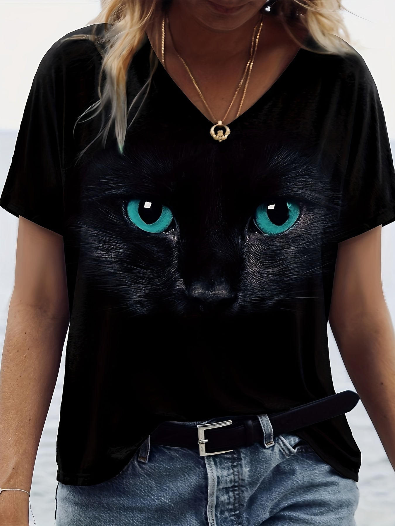 Women's Cat Print V-Neck T-Shirt Spring Summer Casual Short Sleeve Polyester Spandex