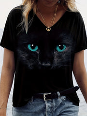 Women's Cat Print V-Neck T-Shirt Spring Summer Casual Short Sleeve Polyester Spandex