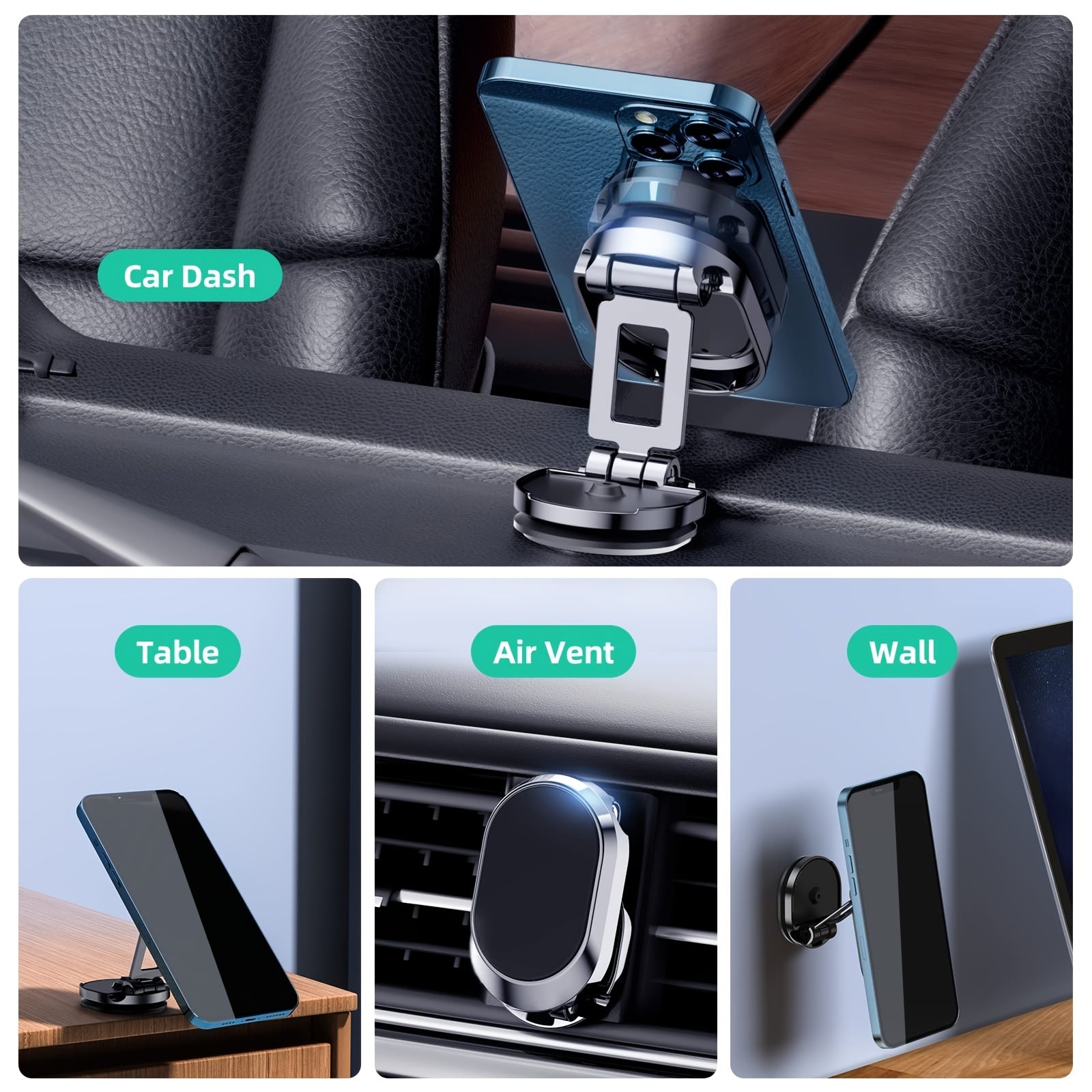Universal Magnetic Car Phone Holder Alloy Folding 360° Adjustable Dashboard Mount