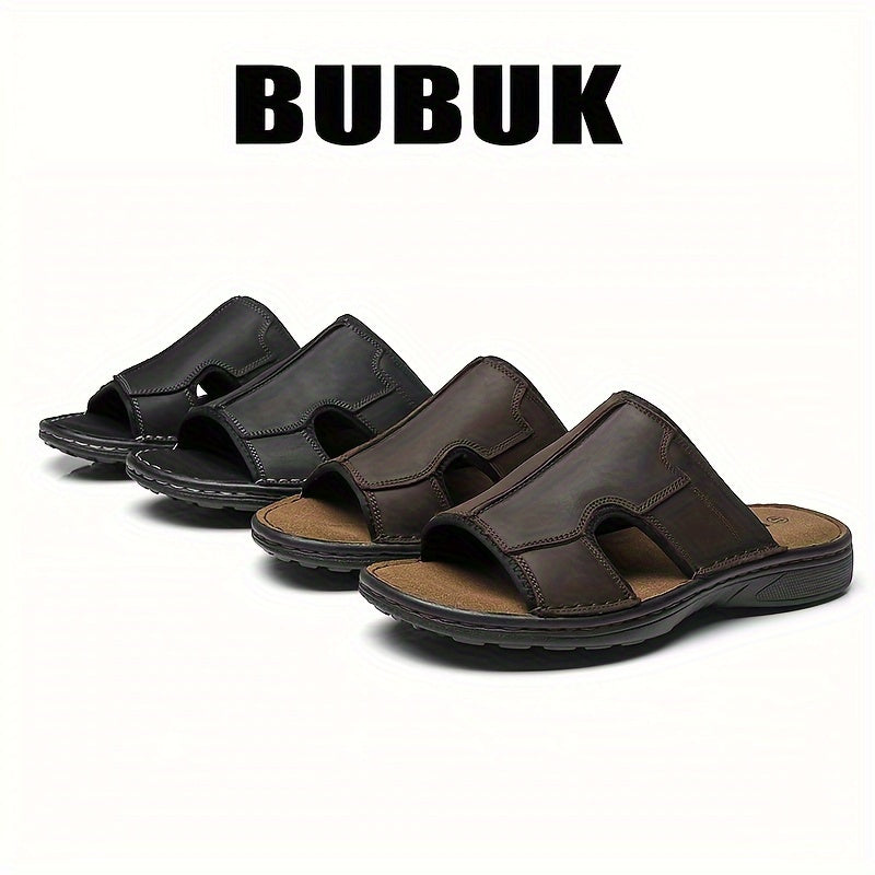 Men's Leather Slide Sandals Non-Slip Sole Open-Toe Casual Beach Outdoor