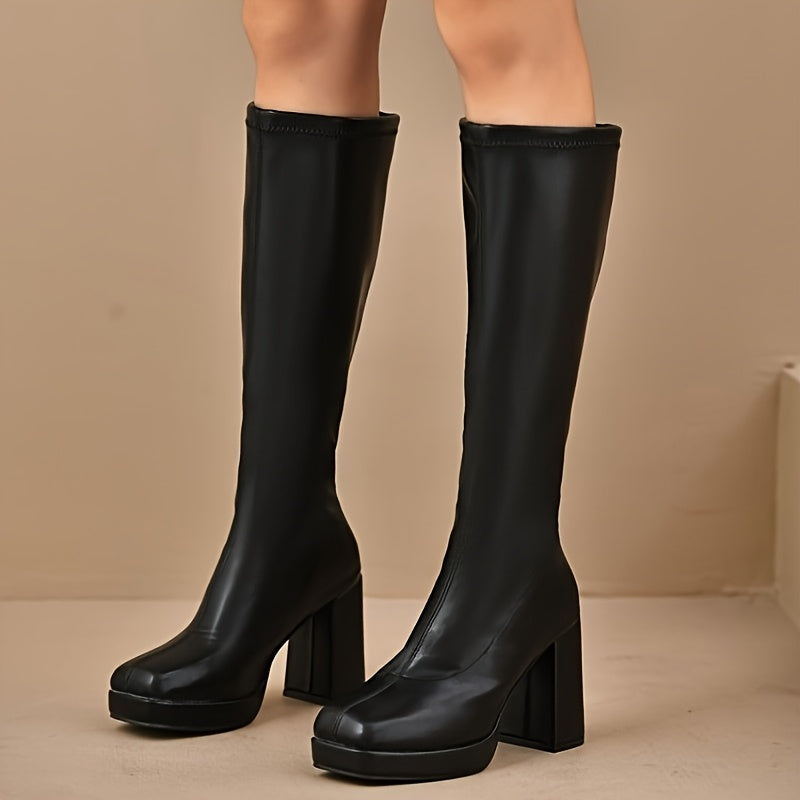 Women's Knee High Boots Leather Chunky Heels Solid Color Casual Elegant