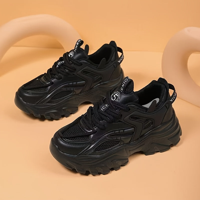 Ayollar uchun qora chunky sport poyabzali, nafas oladigan tarmoq, PVC, kundalik, pastki qism
