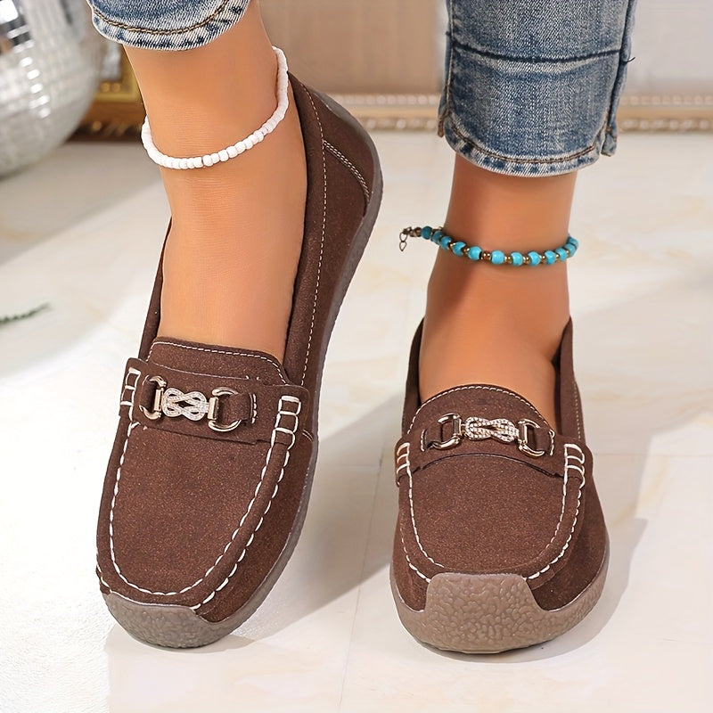 Women's Slip-On Loafers Leather Casual Flats with Metallic Buckle Black Brown Beige