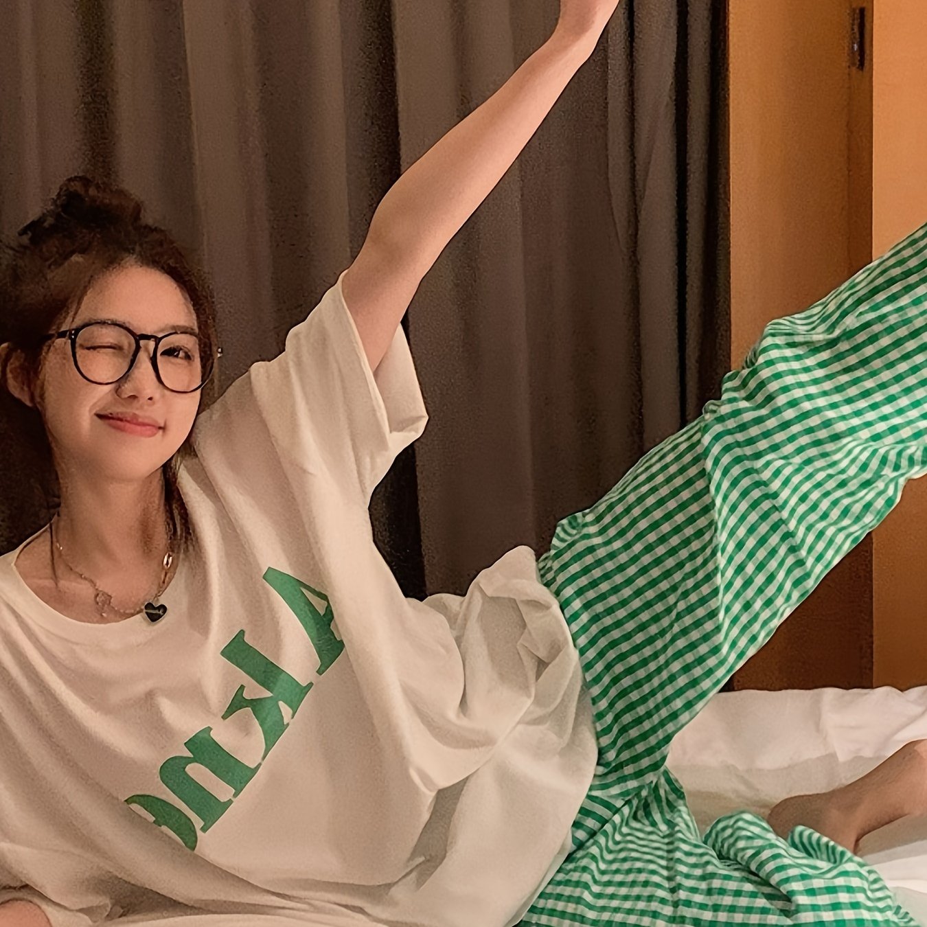 Teen Girl Plaid Letter Print Loungewear Set with Short Sleeve Crew Neck Top and Long Pants