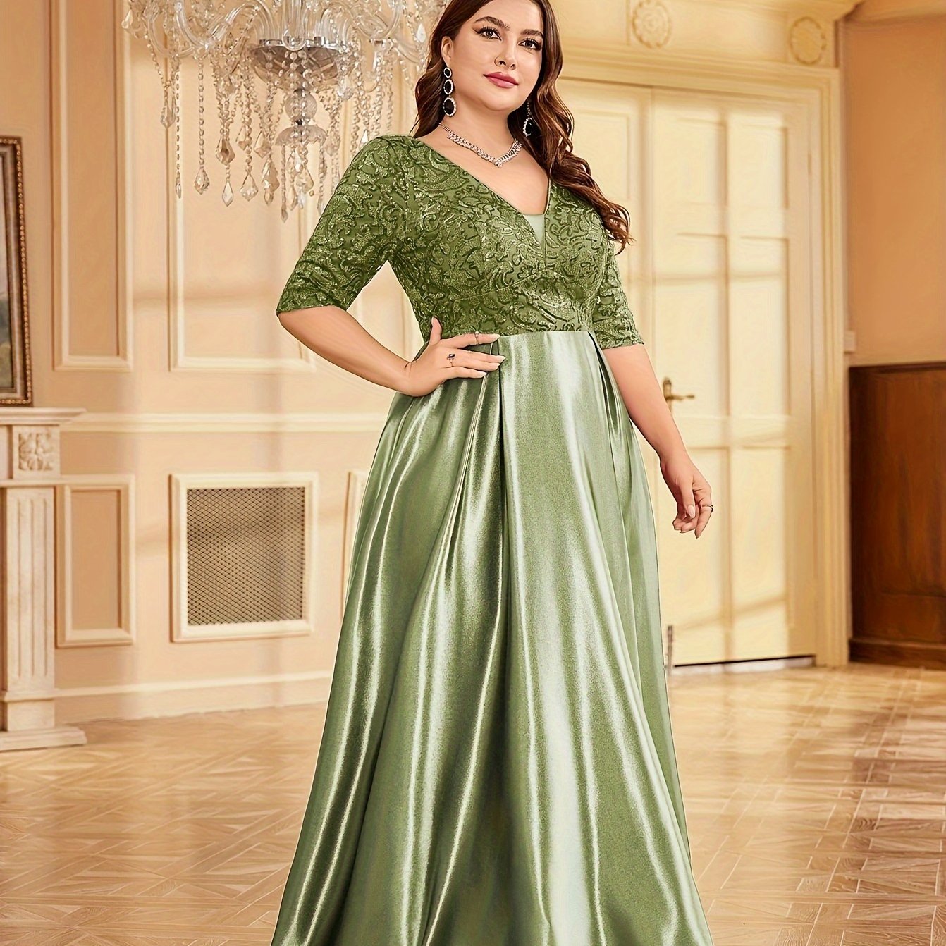 Women Sequin V-Neck Wedding Dress Mermaid A-Line Formal Gown