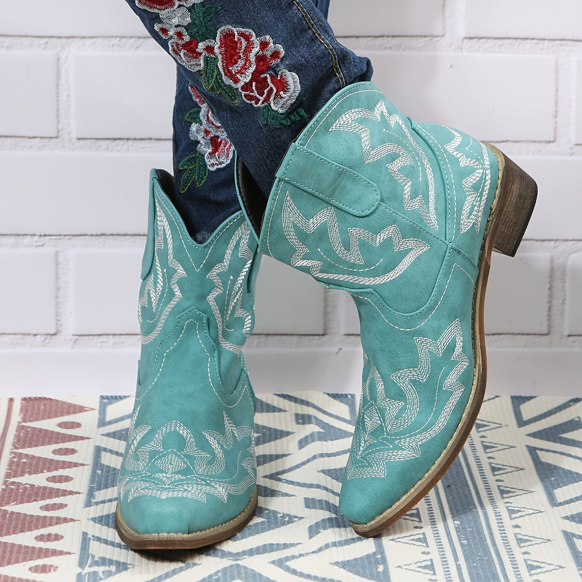 Women's Turquoise Embroidered Ankle Boots Faux Cover Pointed Toe Slip-On Chunky Mid Heel