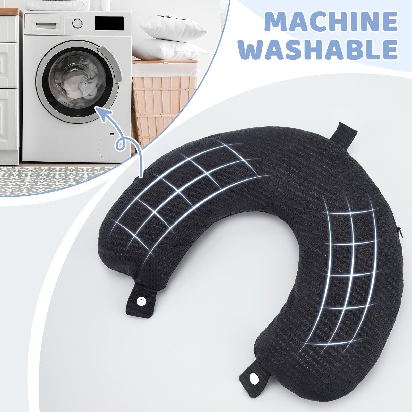 Koʻk rangli toʻqilgan polyester U-shaklidagi sayohat boʻyniga taqiladigan yostiq qoplami, engil, yuviladigan