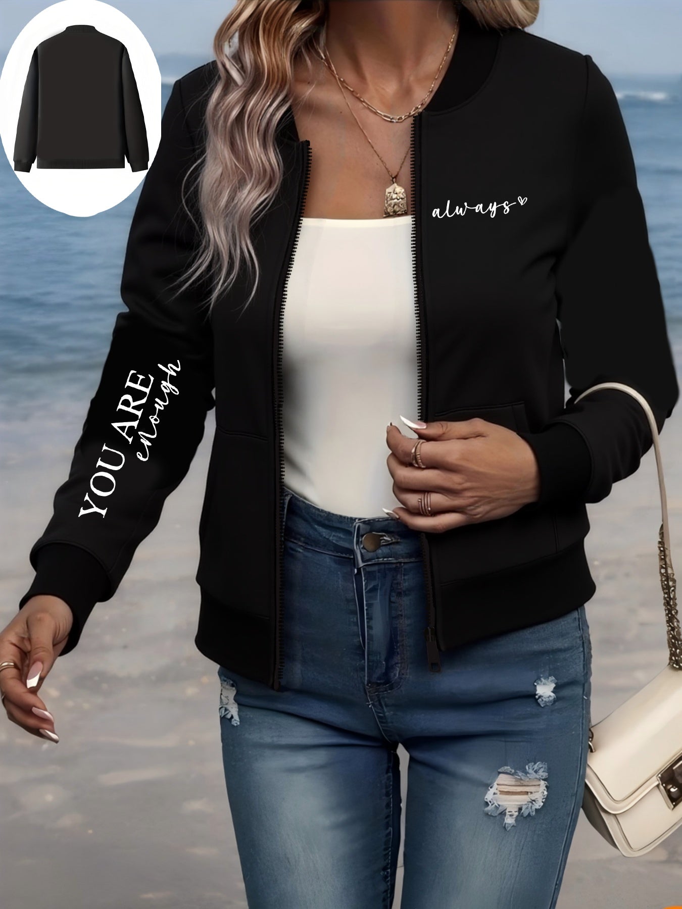 Women's Plus Size Black Bomber Jacket Casual Zip-Up Coat with Pockets