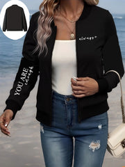 Women's Plus Size Black Bomber Jacket Casual Zip-Up Coat with Pockets