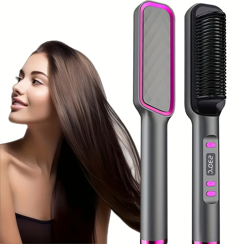 Pink and Black Electric Hair Straightener Brush with Heat Protection Dual Voltage Wet and Dry Use Auto Shut-Off