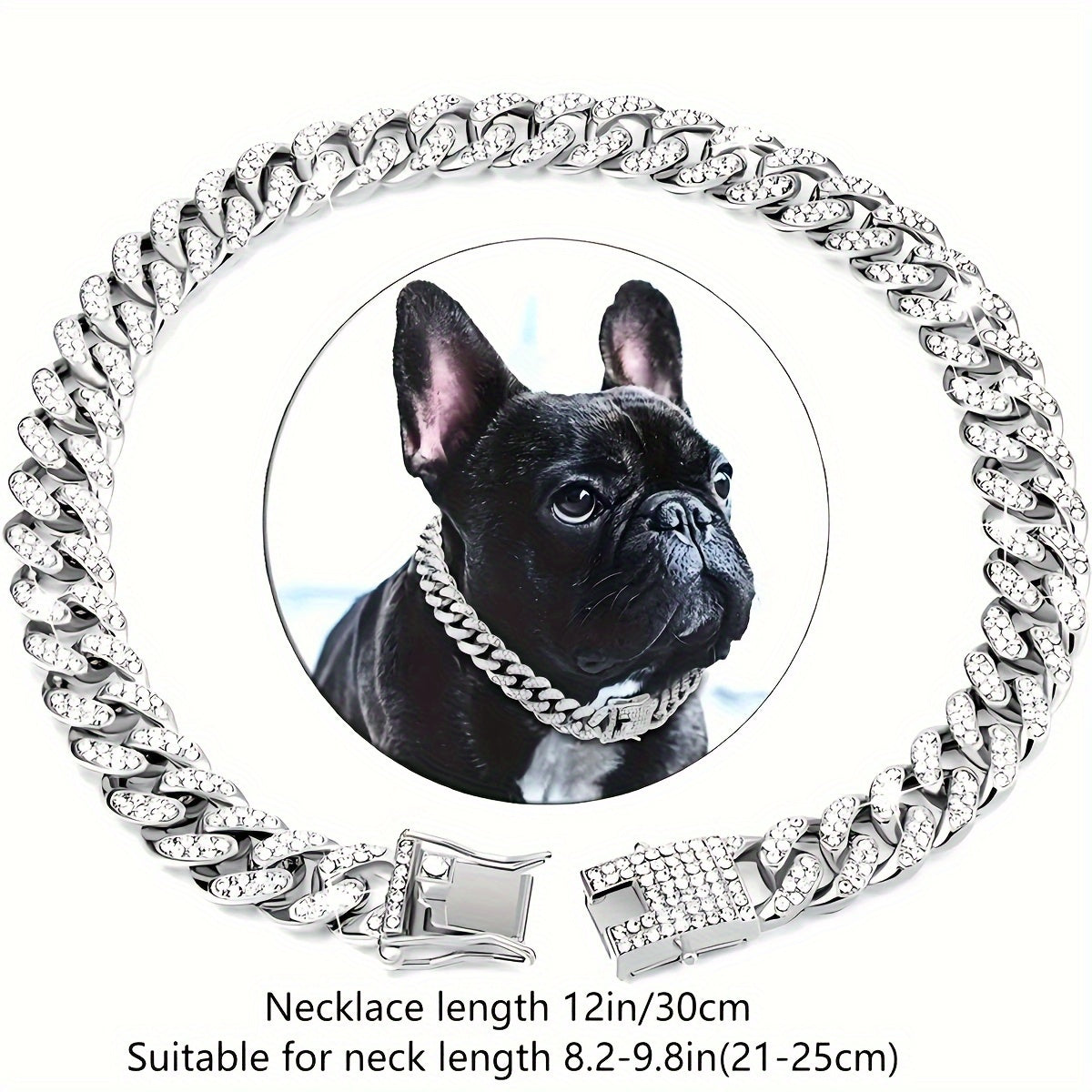 Dog Collar with Rhinestones Cuban Link Stainless Steel 13mm Wide Adjustable